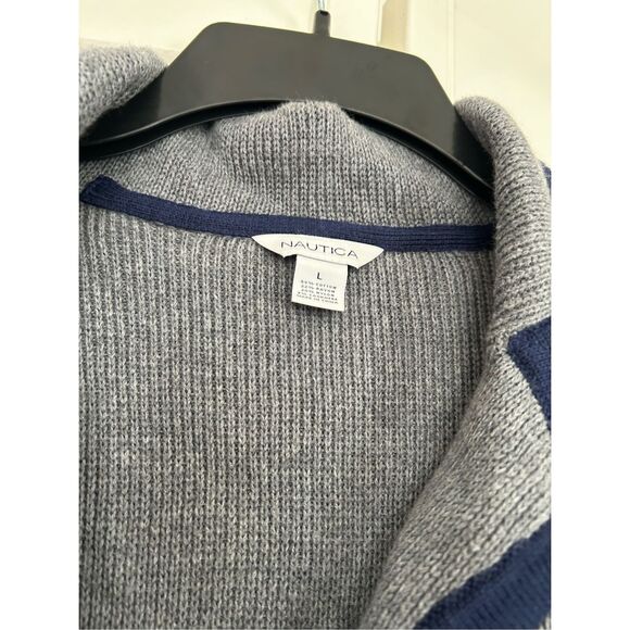 Nautica Navy Gray Colorblock Sweater Jacket Cardigan Gold Buttons, Sz Large - Picture 2 of 12